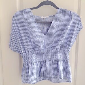 Madewell Light Blue Checkered Smocked Blouse
